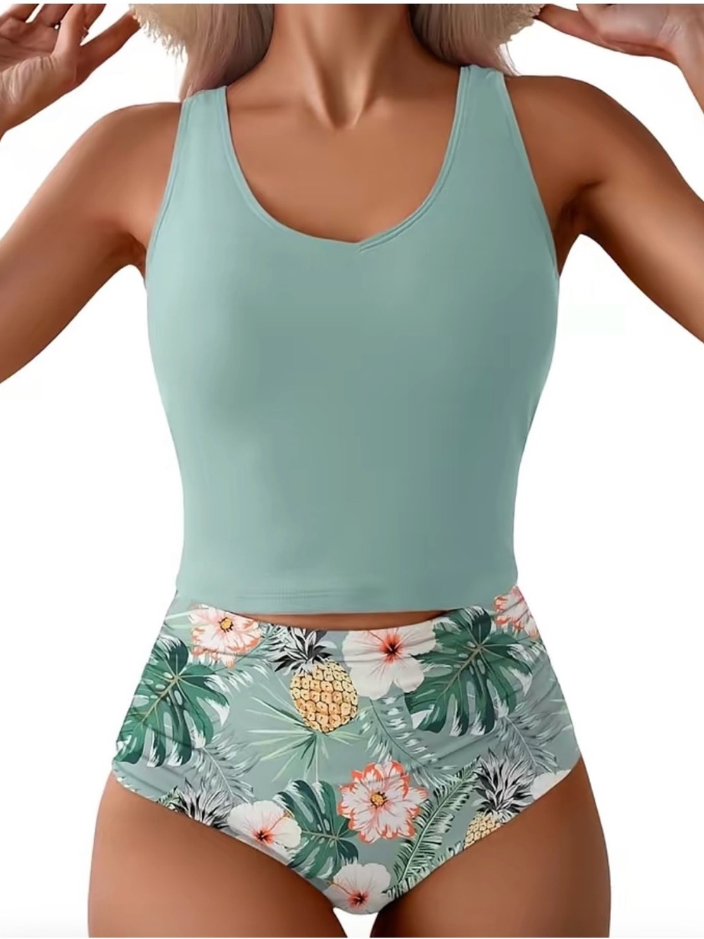 High-Waist Tropical Tank Bikini Set - Seafoam